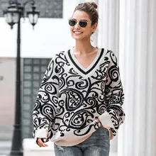 Fashion Printed Winter Knitted Sweater Women V Neck Full Sleeve Baggy Casual Pullover Woman Autumn Sweaters 2020 Pull Over Femme