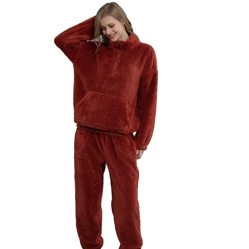 Pajamas Flannel Loungewear Autumn and Winter Solid Color Couples Home Service Set Thick Coral Fleece Pajamas Set