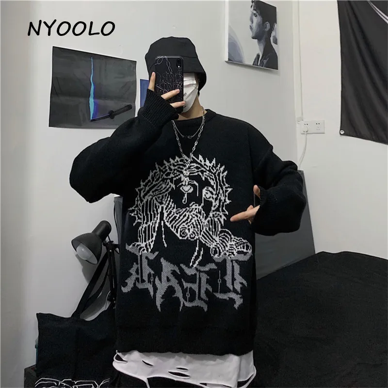 NYOOLO Autumn winter street Jesus letters thick warm knitted sweater Casual loose long sleeve O-neck pullover sweaters women men