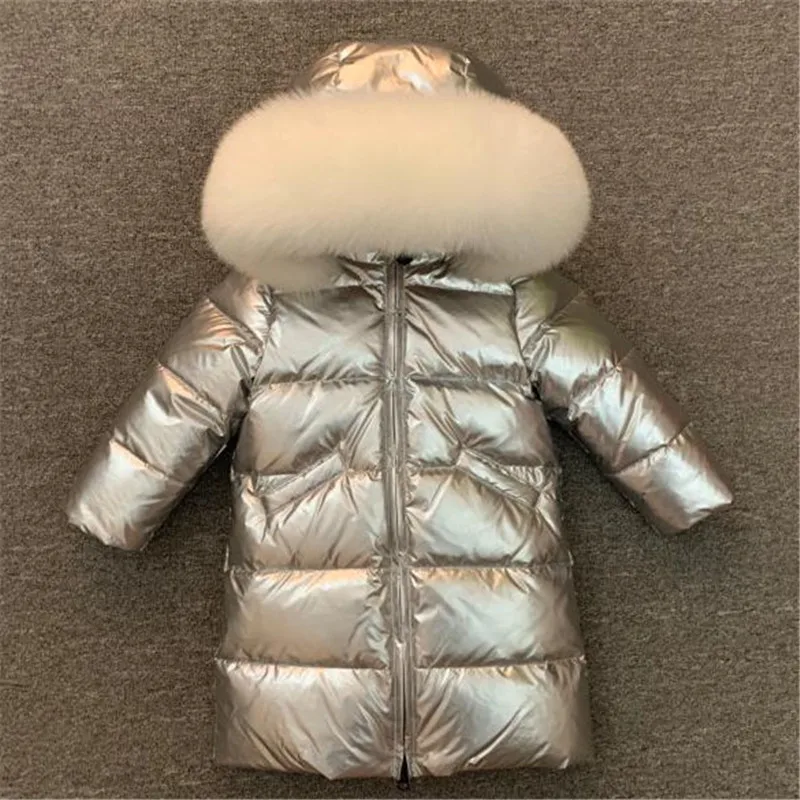 30 для русской зимы; детская пуховая куртка одежда для малышей свитера для мальчиков и девочек, уплотненные настоящая верхняя одежда с меховым воротником для мальчиков детские парки куртка для снежной погоды - Цвет: silvery-3
