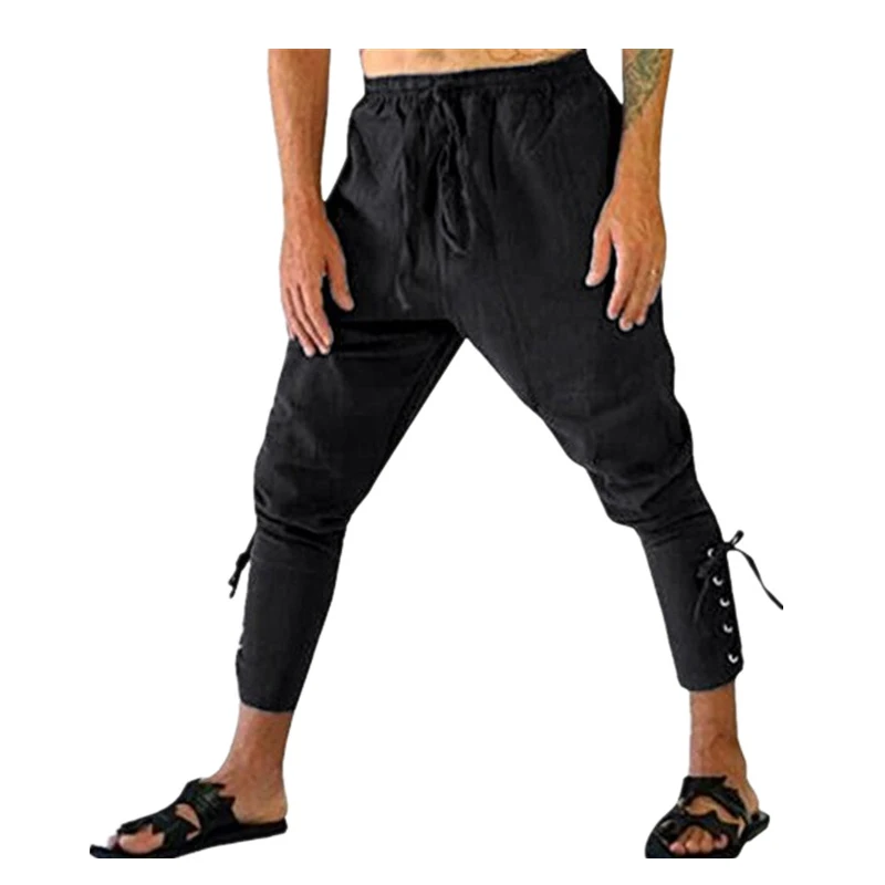 Halloween Adult Men Medieval 5XL Renaissance Lounge Pirate Horseman Costume Loose Pants Black Brown Navigator Leg Bandage
