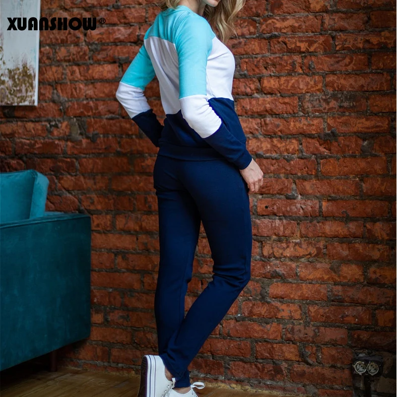 XUANSHOW Tracksuit Women Sportswear Autumn Winter Splice Long Sleeve Fleece Long Pant 2 Piece Set Lady Outfit Clothes S-XXL - Цвет: Green