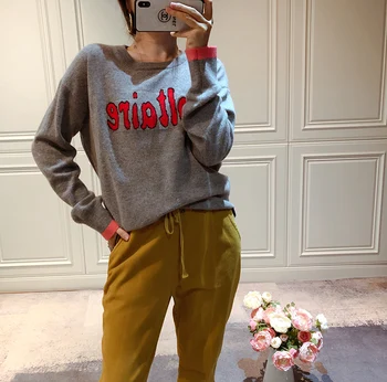 

100% Cashmere Women Sweater Gray Embroidery Letter Simple O-neck Long-Sleeved Pullover Top Autumn Winter Female Knitted Sweater