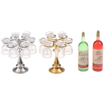 

hot 1 Set delaicate Miniature Dollhouse Bar Counter Mini Wine Bottle Champagne Glass Holder Rack Play Kitchen Furniture