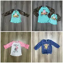 Осенне-зимние хлопковые футболки для маленьких девочек с рукавами-леденцами детская одежда raglans mommy& me, mint, pink, pig, леопардовая расцветка, корова