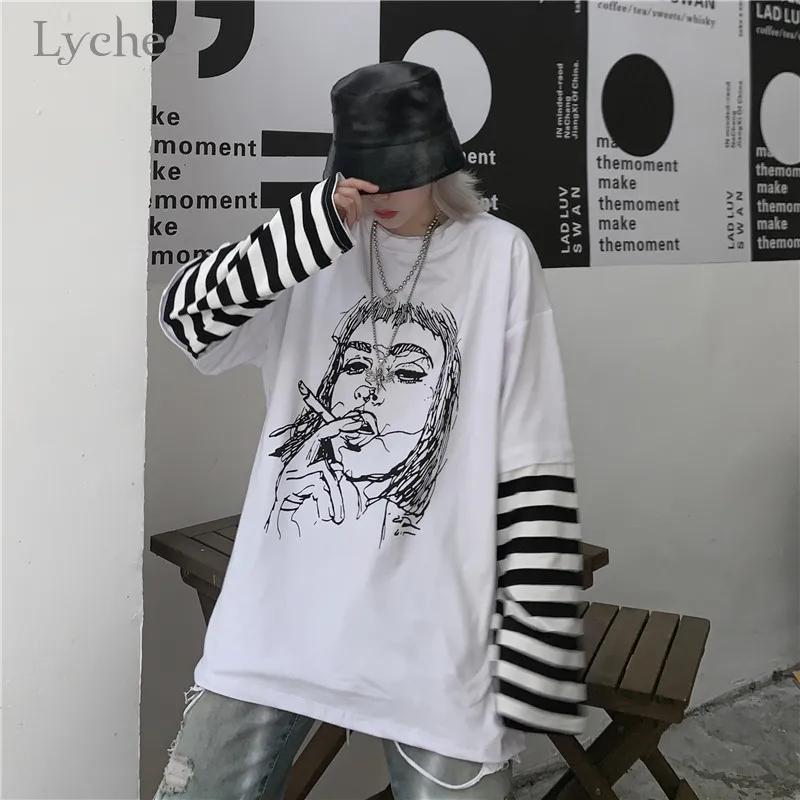 Lychee Harajuku, женская футболка с принтом для девочек, топ, футболка в стиле пэчворк, женские футболки в полоску, 2 предмета, женские футболки, топы, футболки