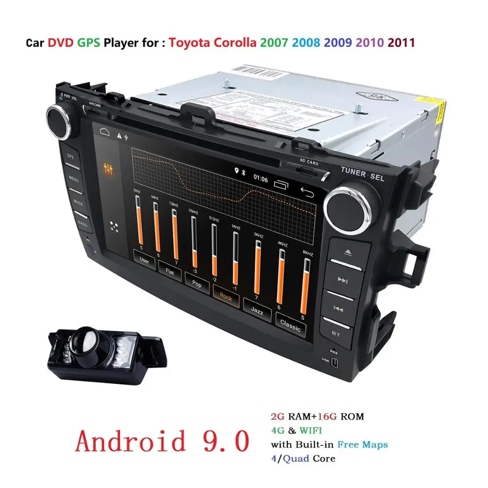 Cheap 8" 2Din Android 9.0 Car DVD GPS Player For Toyota Corolla 2007-2011 Bluetooth WIFI OBD2 Touch Screen 4-Core +Map+Free Camera 5