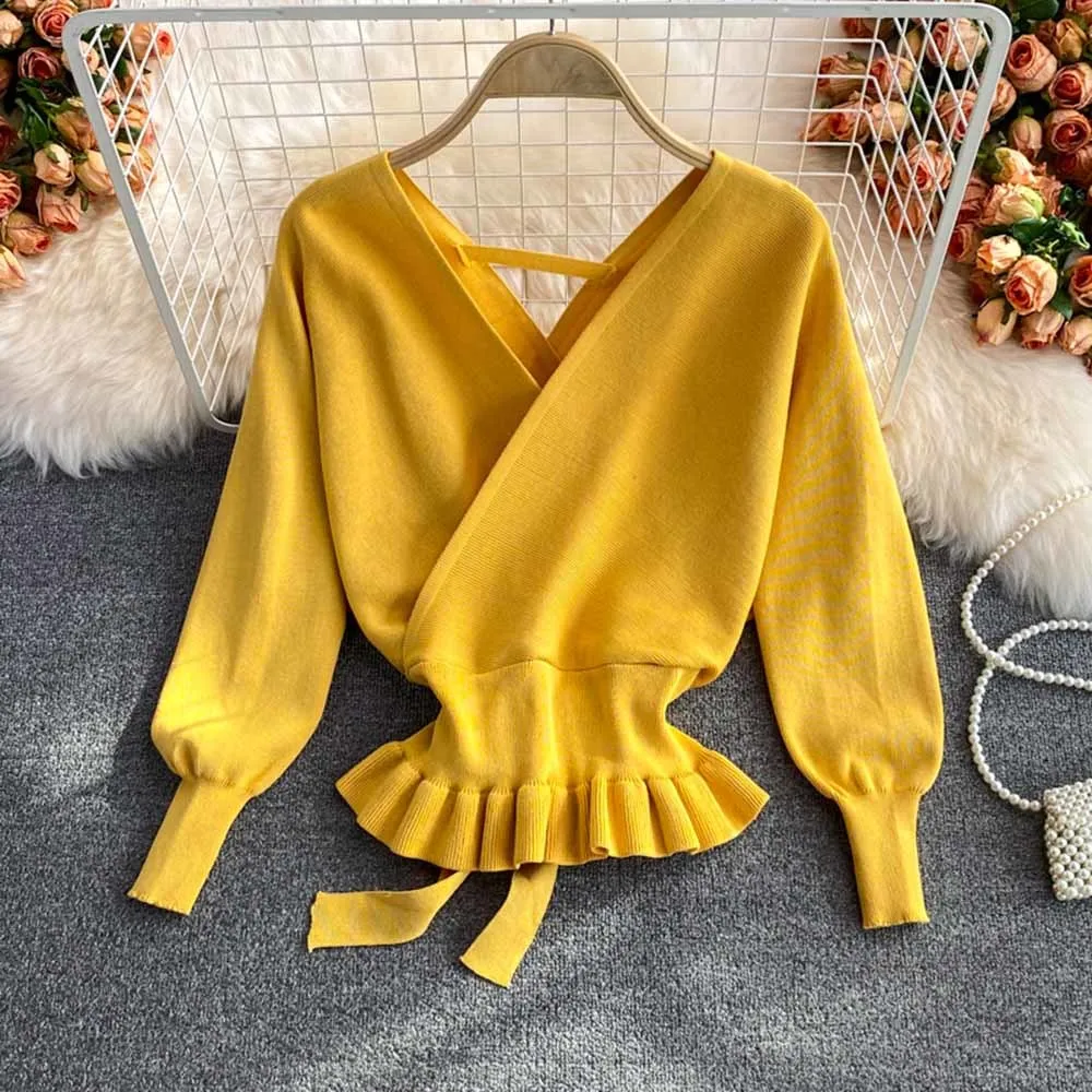 

Женский трикотажный пуловер с V-образным вырезом и длинным рукавом