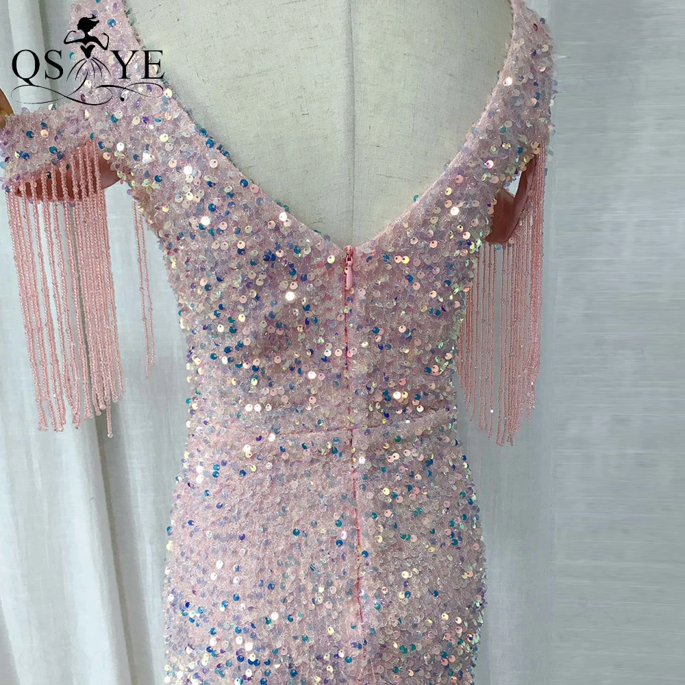 Sparkle Pink Evening Dresses Beading Side Sleeves Sequin Prom Gown Fit Glitter Party Dress Mermaid V Neck Women Formal Gown 2021 white evening dresses