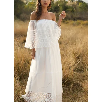 

Summer Off Shoulder Boho White Beach Dresses for Women Lace Long Dress