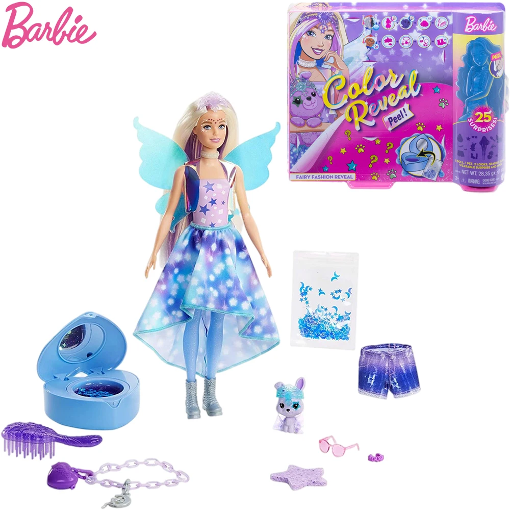 

Barbie GXY20 Color Reveal Peel Fairy Fashion Doll Set with 25 Surprises Blue Peel-able Doll Pet 16 Mystery Kids Birthday Gift