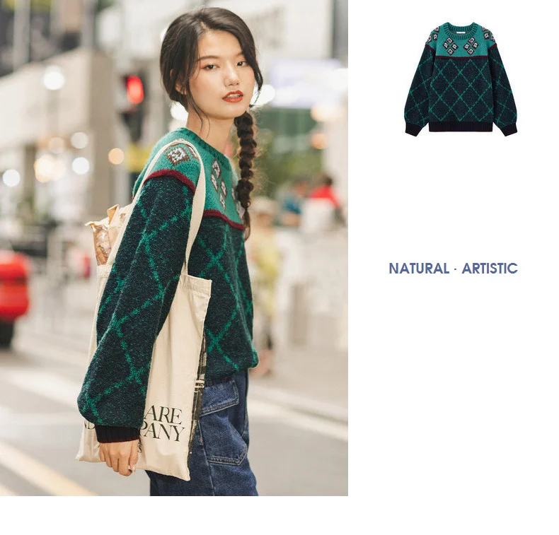 INMAN Winter New Arrival Literary O-neck Jacquard Contrast Color Thick Loose Women Pullover