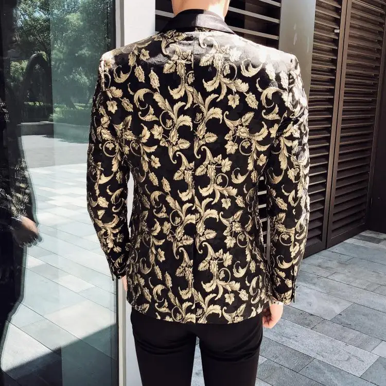 Черный и жаккардовый жакет мужской британский стиль роскошные цветочные блейзеры с принтом 5XL Модный повседневный приталенный мужской пиджак Q754