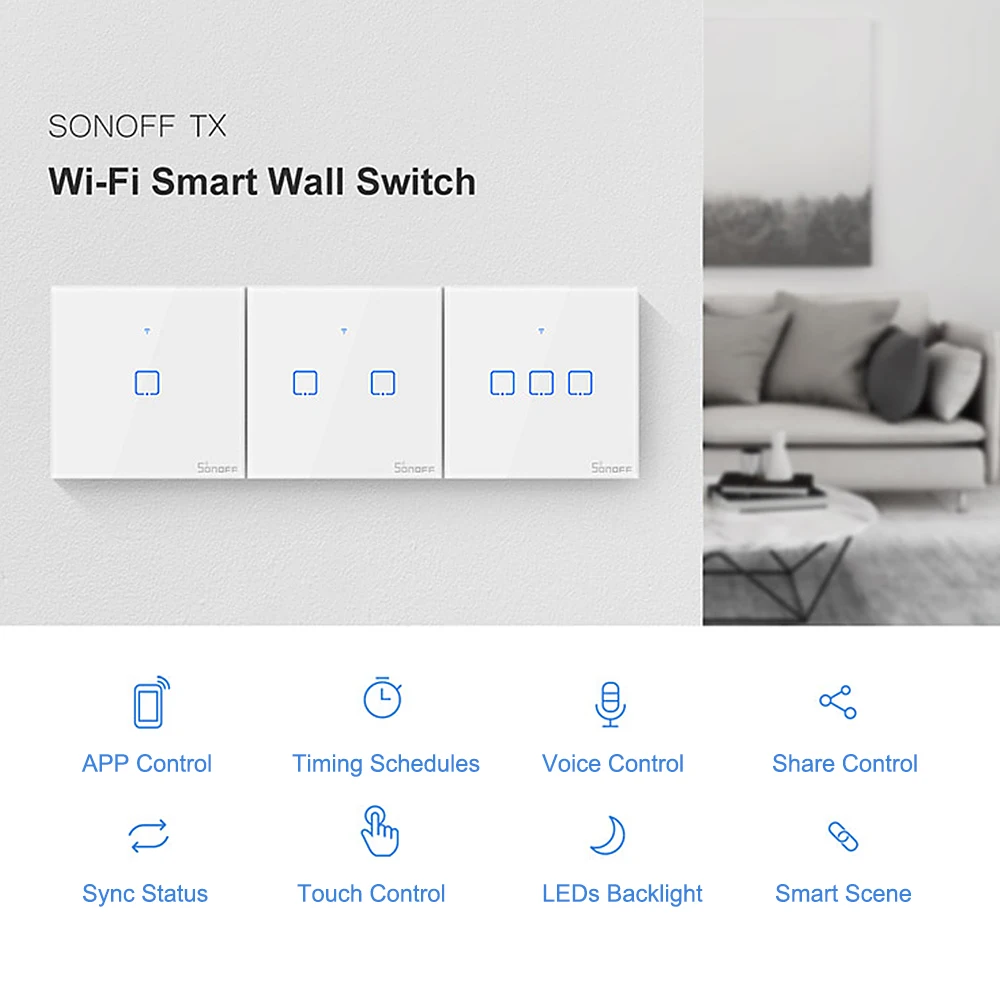 

SONOFF TX Series WIFI Wall Switch 1/2/3 Gang Intelligent Wall Touching Light Switch For Intelligent Home AC100-240V