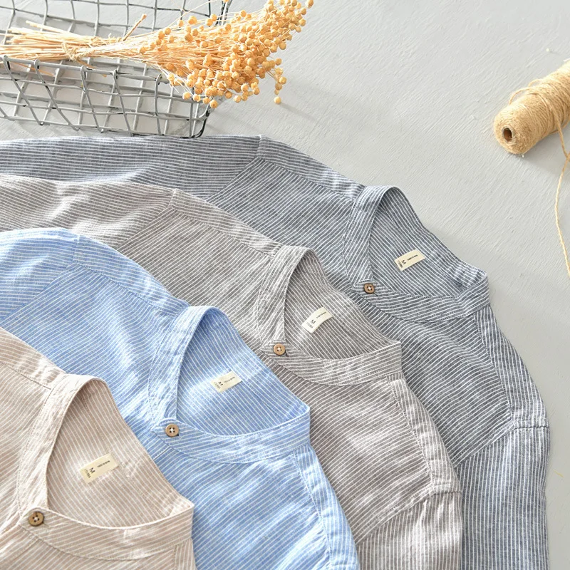 2021 Summer Men's Three Quarter Sleeve Striped Linen Shirts Stand Collar Loose Hemp Pullover Brand Clothing for Mens Streetwear | Мужская
