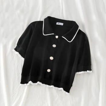 

Zoki Korean Women Polo Shirt Fashion Ruffles Turn Down Collar Knitted Short Tees Shirt Casual Button Short Sleeve Black Corp Top