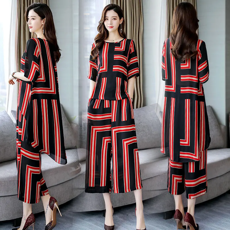 

Solid Color 2019 Summer Crew Neck Fashion Comfortable Elegant Stripes Half-sleeve Shirt Simple Versatile Set