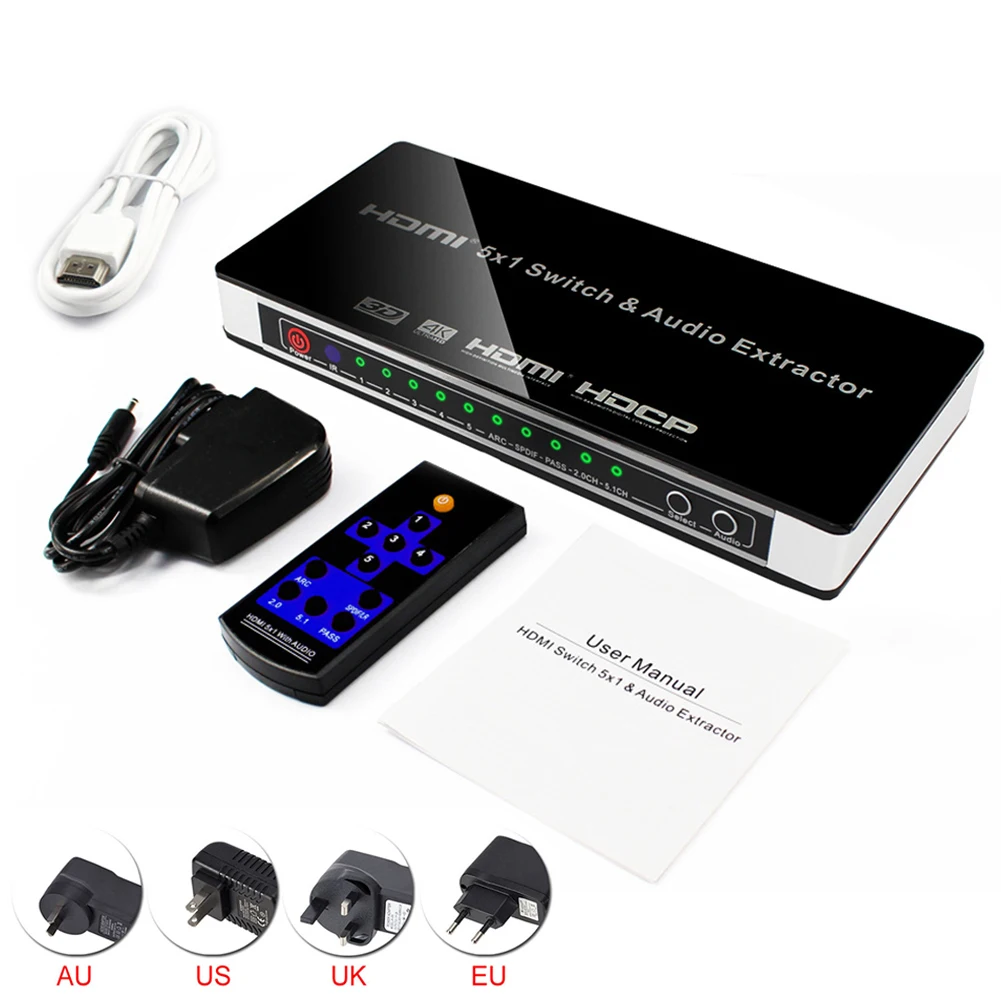 HDMI переключатель 5x1 аудио экстрактор видео конвертер 4K x 2K@ 30hz 4K Full HD 1080P 3D ARC с пультом дистанционного управления для HDTV PS3