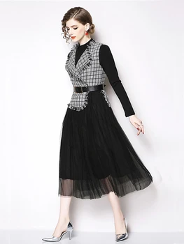 

Womens 2pcs Wool Blend Vest Lace Slim Fit Ball Gown Mixed Color Warm Dress Set