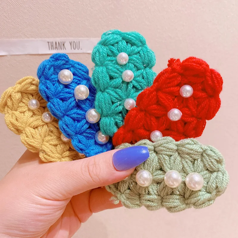 

2020 Autumn And Winter New Woolen Pearl Hairpin Colorful Knitted Sweet BB Clip Hair Accessories