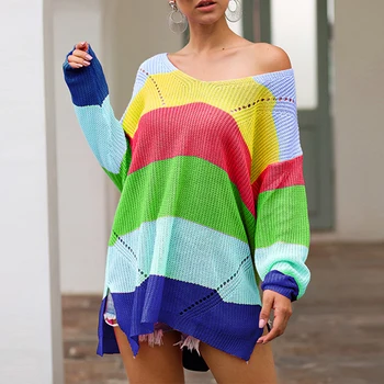 

Women V Neck Rainbow Striped Sweaters Fall Winter Side Split Long Sleeve Pullover Sweater Dresses Loose Knit Jumpers Pull Femme