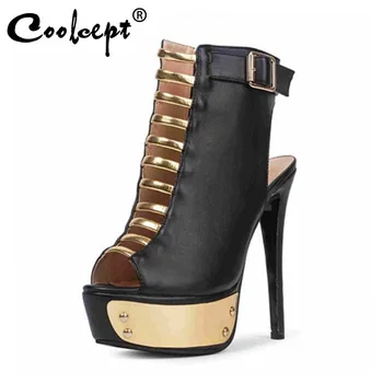 

Coolcept Fashion Women Sandals Shoes Modern Rivets Peep Toe Shoes Women Stylish Metal Buckle Side Zipper Footwear Size 35-47