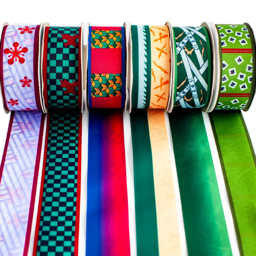 Grosgrain Ribbon Printed Double Faced Kimetsu No Yaiba Japanese Flower Check 10 Yards for DIY Hair Bow | Дом и сад