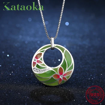 

2018 Hot Pink Spring flowers Green leaf Necklace Pendants for Women 925 Sterling Silver Party Jewelry Enamel