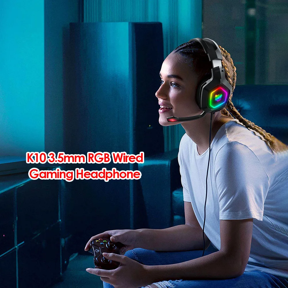 Wired Earphone HiFi Headphones K10 RGB Lighting Wired Headphone Computer PC Music Gaming 3 5mm Headset with Mic
