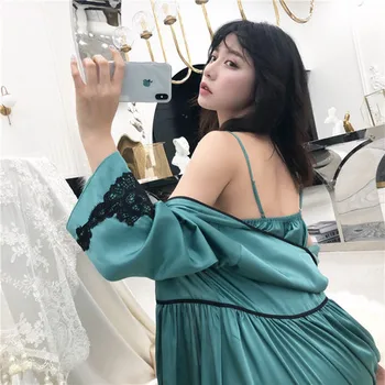 

Pajama women's summer sexy lace suspender nightdress with chest cushion two piece Nightgown suit Korean long sleeve home clothes