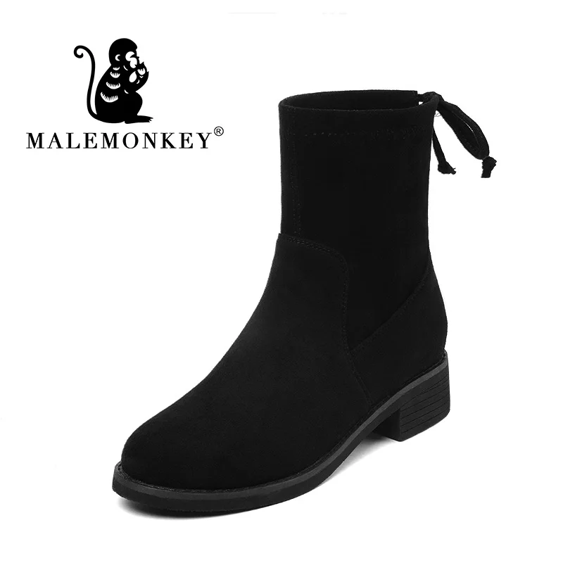 

New 2019 Women Chelsea Boots Flock Pointed Toe Mid-Calf Ladies Shoes Non-Slip And Wearproof Heel Boots Handmade