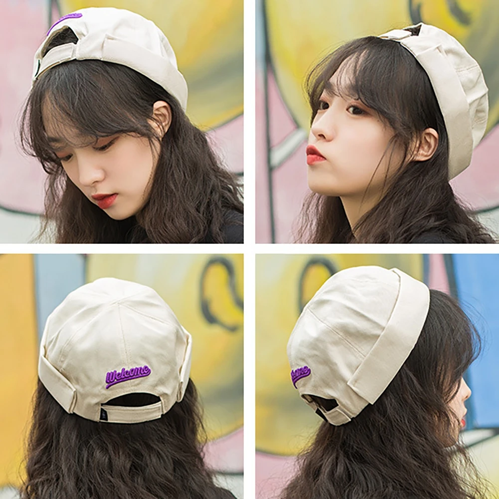 Unisex Women Men Embroidery Hip Hop Skullcap Sailor Cap Rolled Cuff Retro Brimless Beanie Hat