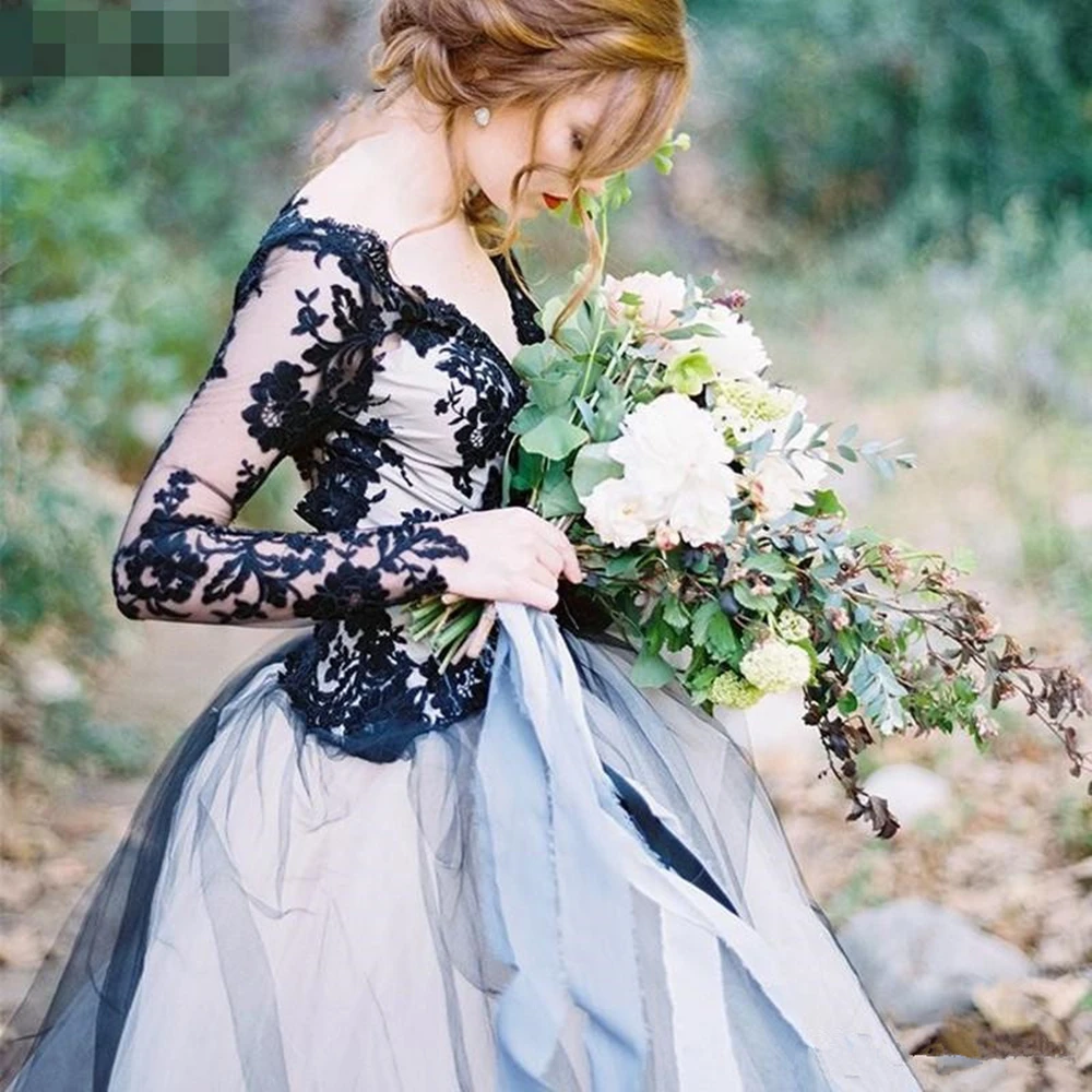 

SINGLE ELEMENT Tulle Elegant Dubai Charming Backless Long Sleeve Black Lace Applique Bridal Wedding Dress