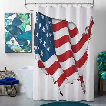 

Shower Curtains Gray Blue World Map,Graphic United States Flag American Federations Stars National Symbol Print, White Red
