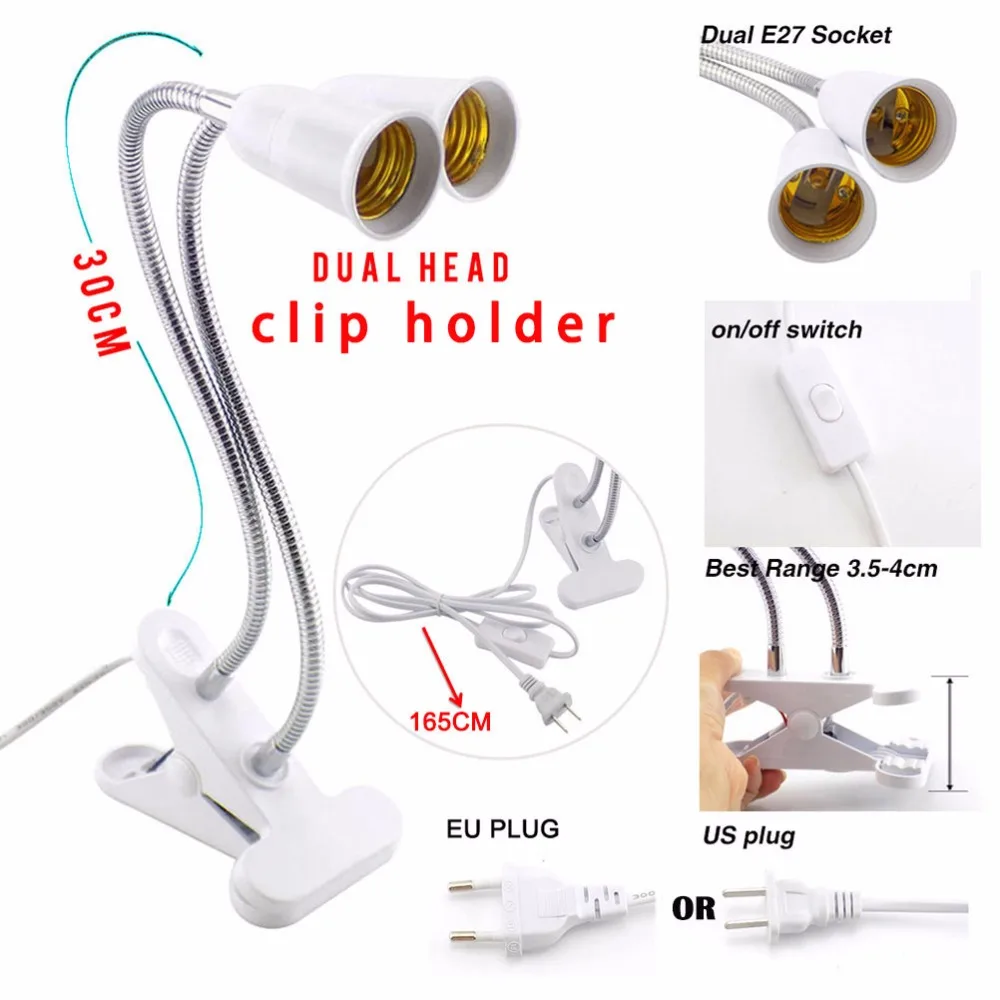Description Picture 6 of itemE27 Socket 3 Head Flexible Light Clip With On/Off Switch Lamp Holder For Desk Light LED Plant Grow Bulbs Base EU/US Plug
