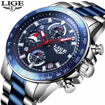 

LIGE Men Watch Top Luxury Brand Big Dial Blue Quartz Men Watches Chronograph Sport Wristwatch Men Stainless Steel Date Clock+Box