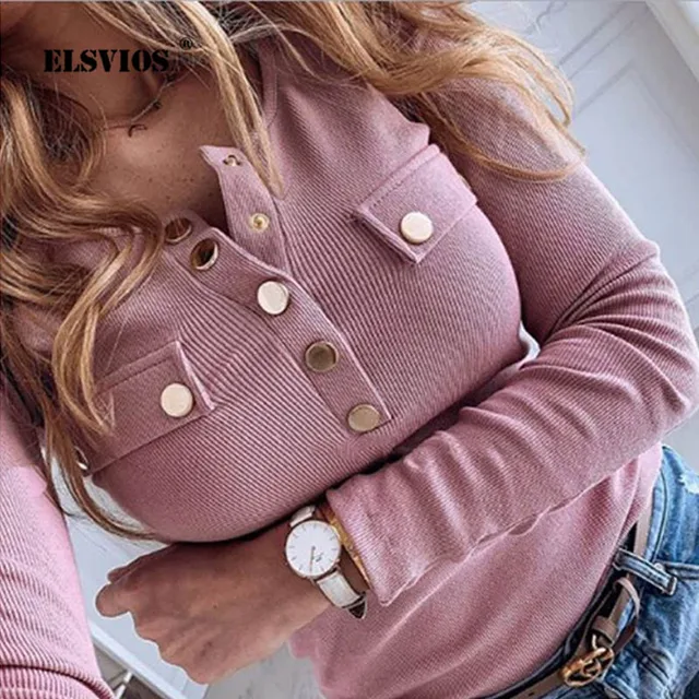US $11.41 2020 New Elegant Metal Button Shirts Blouse Women Solid Autumn Long Sleeve Ribbed tops Female Sexy 