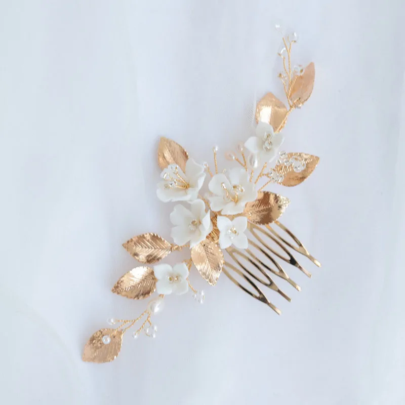 Floralbride Alloy Leaf Crystal Rhinestone Ceram Flower Bridal Hair Comb Hair PIn Stickers Wedding Hair Accessories Women Jewelry