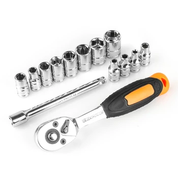 

High Quality 14PCS Kit 1/4'' Socket Wrench Spanner Quick Release Ratchet Handle Metric Chrome-Vanadium Steel Car Repair Tool