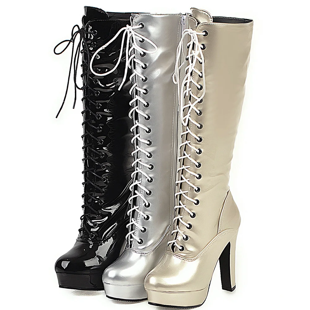 RIBETRINI/качественные ботинки из искусственной кожи; женские ботинки до середины икры с перекрестной шнуровкой; женская модная обувь на высоком квадратном каблуке; женская обувь; большие размеры 34-48