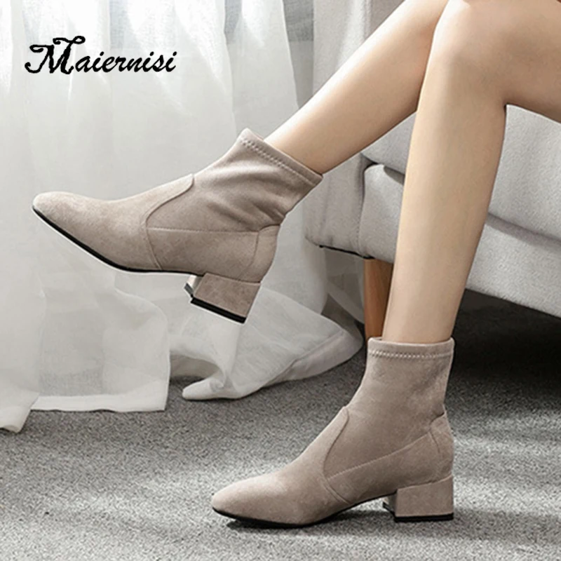 

MAIERNISI Fashion Women Ankle Boots Thick Heels Autumn Shoes Female Newest Pointed Toe Ladies Shoe Brand Flock Boot Woman