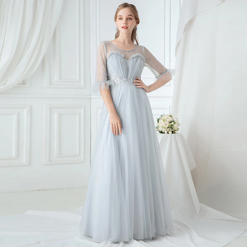 Серые Вечерние платья Длинные queen Abby A-Line o-образным вырезом длиной до пола aplqiues Иллюзия оборки рукава Ruched фатиновые праздничные платья