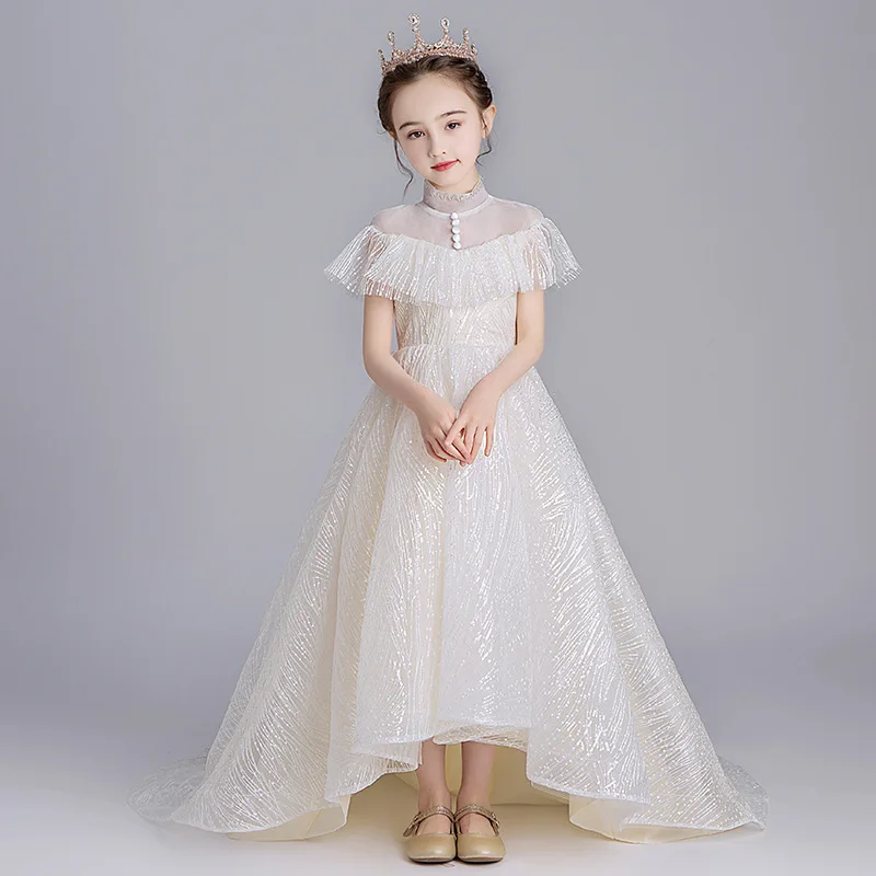 Роскошное платье для Святого Причастия платья с цветочным узором для девочек на свадьбу с маленьким шлейфом и высоким воротником, праздничное платье принцессы с вышивкой для детей возрастом от 2 до 12 лет