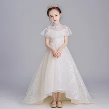 Роскошное платье для Святого Причастия платья с цветочным узором для девочек на свадьбу с маленьким шлейфом и высоким воротником, праздничное платье принцессы с вышивкой для детей возрастом от 2 до 12 лет