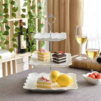 

European style ceramic cake plate relief ceramic square plate afternoon tea fruit plate three layer cake rack wedding tray