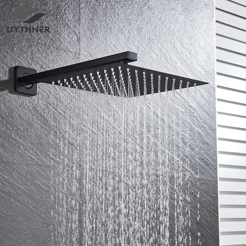 Cabezal de ducha ultrafino de lluvia, accesorios de baño con brazo de ducha,  montado en la pared, color negro mate, 8/10/12 pulgadas