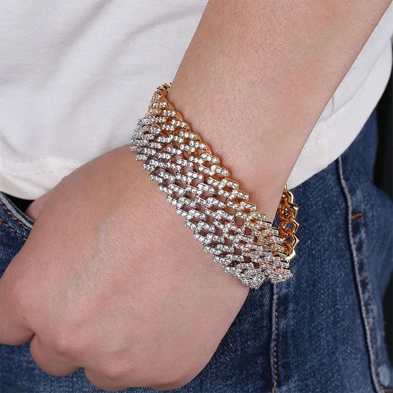 Полный Iced Out циркон проложили Стразы 10 мм кантри кубинская цепь Bling Рэппер браслет для мужчин хип-хоп ювелирные изделия