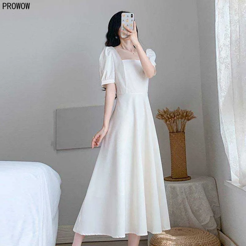 2020 Summer Retro White Square Collar Dress Women Korean Party  Puff Sleeve High Waist Dress Elegant Office Female Dress French