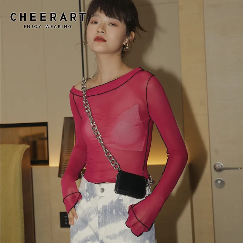 CHEERART красный сетчатый кроп-топ женская футболка вырез лодочкой прозрачный топ