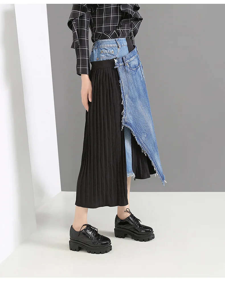 SuperAen Europe High-waist Denim Stitching Skirts Women Winter and Autumn New Ladies Skirts Irregular Solid Color Skirts